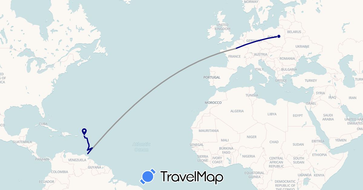 TravelMap itinerary: driving, plane in Antigua and Barbuda, Anguilla, Barbados, Dominica, France, Grenada, Saint Kitts and Nevis, Saint Lucia, Netherlands, Poland, Trinidad and Tobago, Saint Vincent and the Grenadines (Europe, North America)